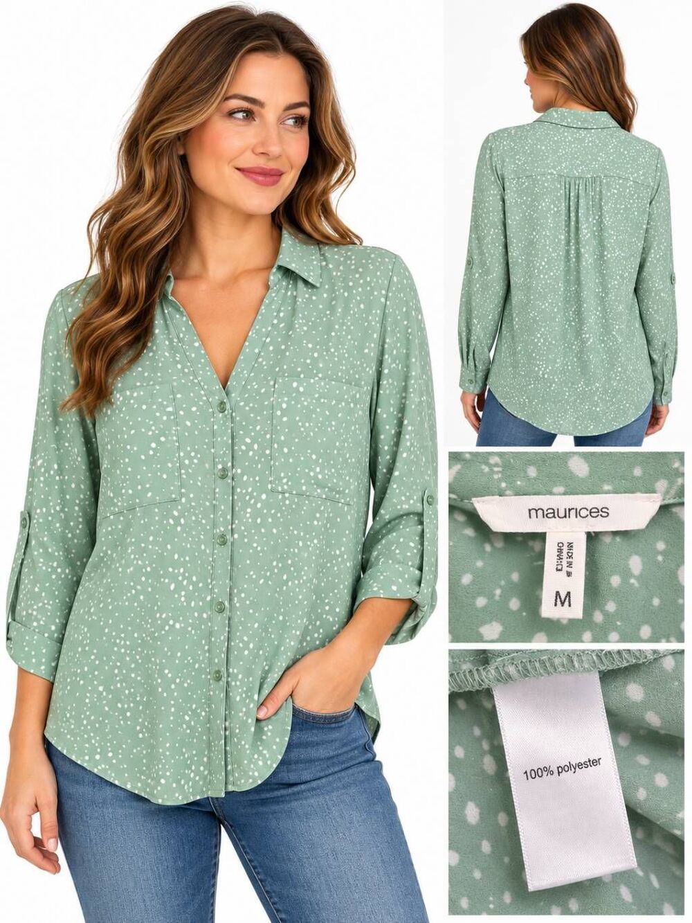 Maurices M Sage Green Speckled Roll Tab Blouse